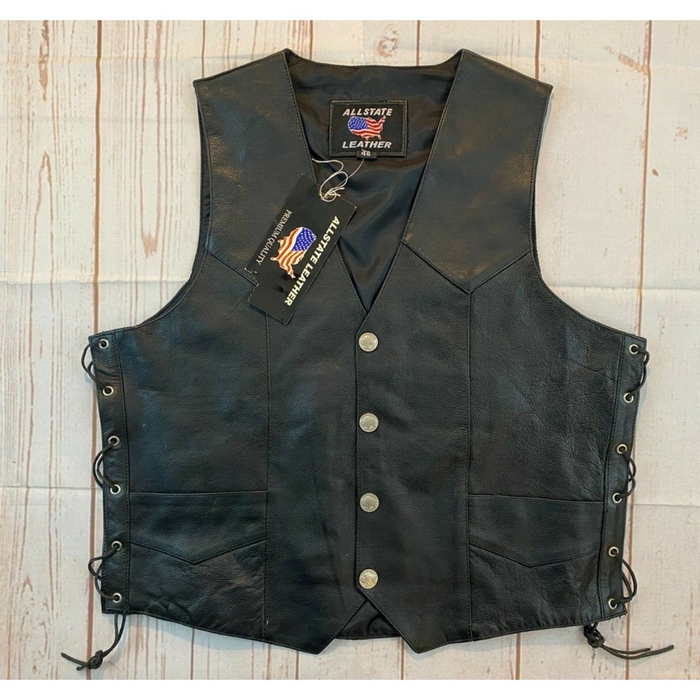 Allstate Leather Biker Vest Mens 46 Black Buffalo Nickle  Snap Front Motorcycle